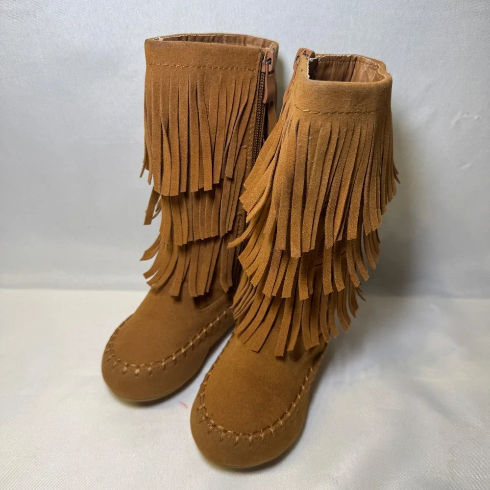 Link‎ Tan Suede Fringed Moccasin Boots Side Zip Boho Chick Little Girls Size 7